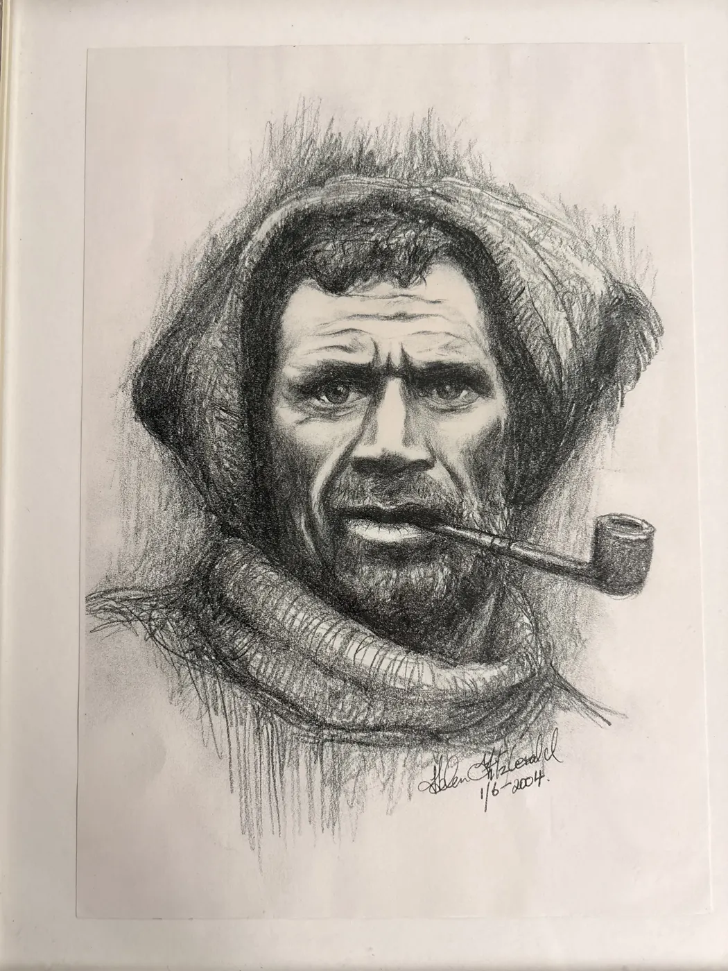 Drawing of Antarctic explorer Tom Crean wearing a hood and smoking a pipe, by Helen Fitzgerald